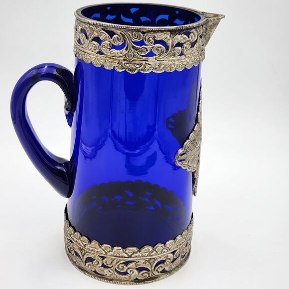 Cobalt Blue Pitcher with Silver Toned Filigree - Picture 6 of 15